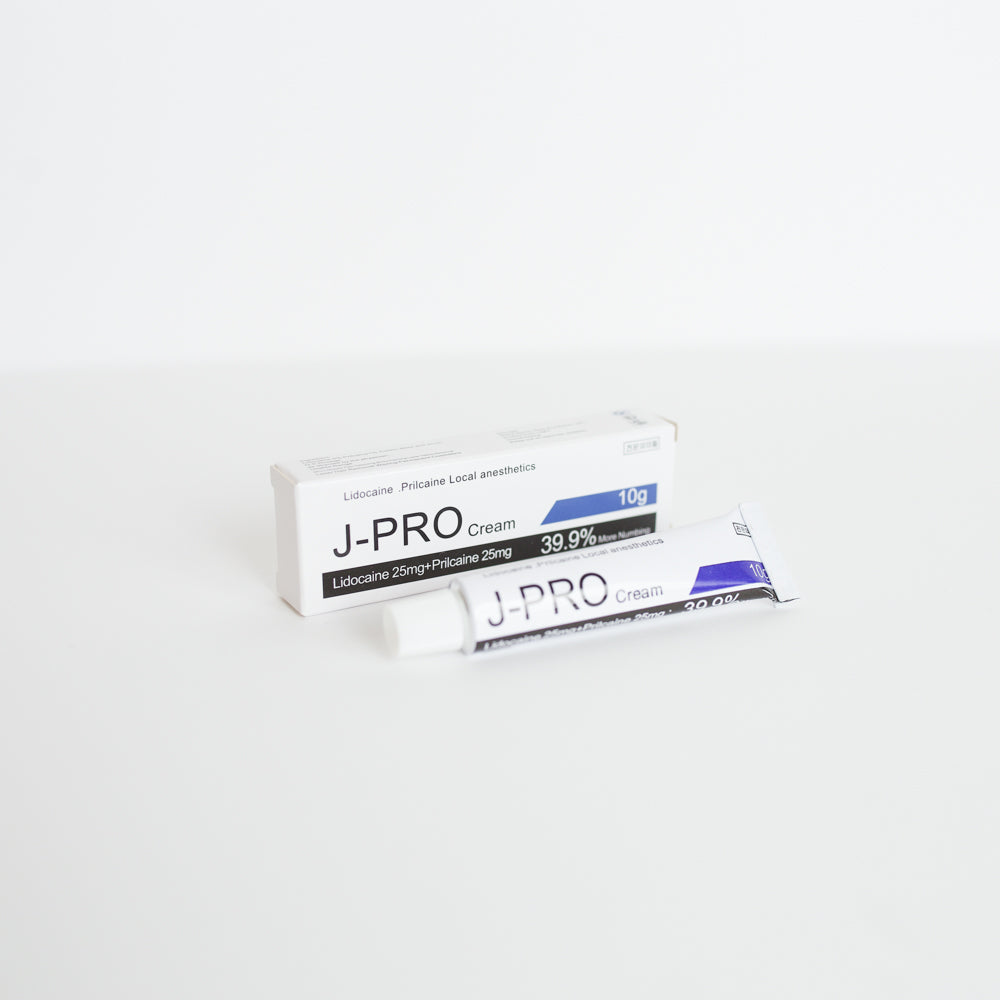 J-Pro Tattoo Numbing cream, topical anesthetic, topical analgesic, lidocaine cream front view with packaging